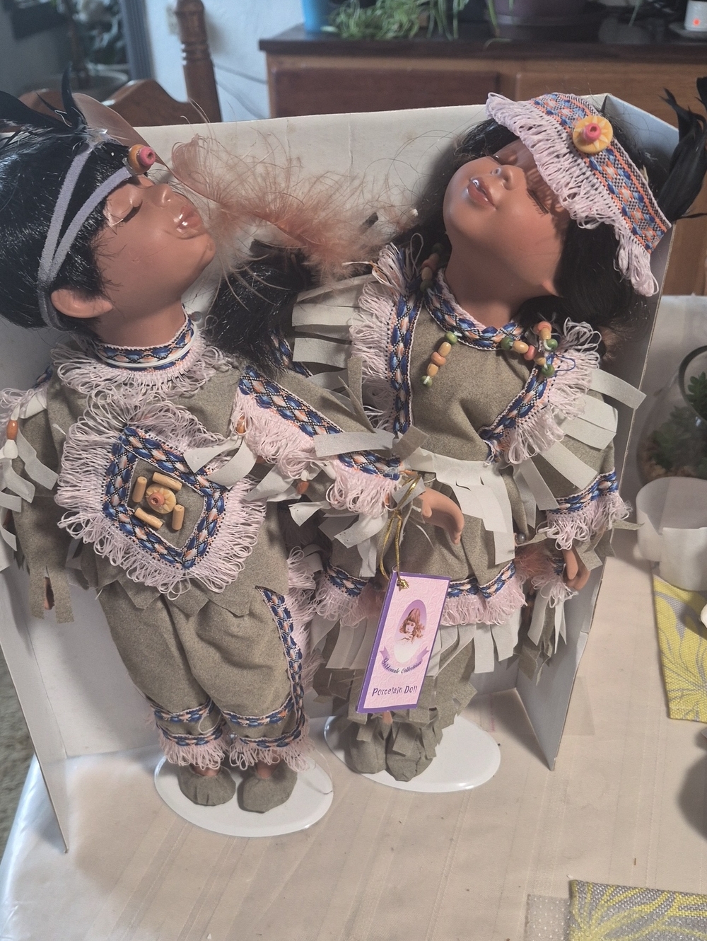 Handcrafted Tan Doll Pair with Pink Trim -Porcelain
